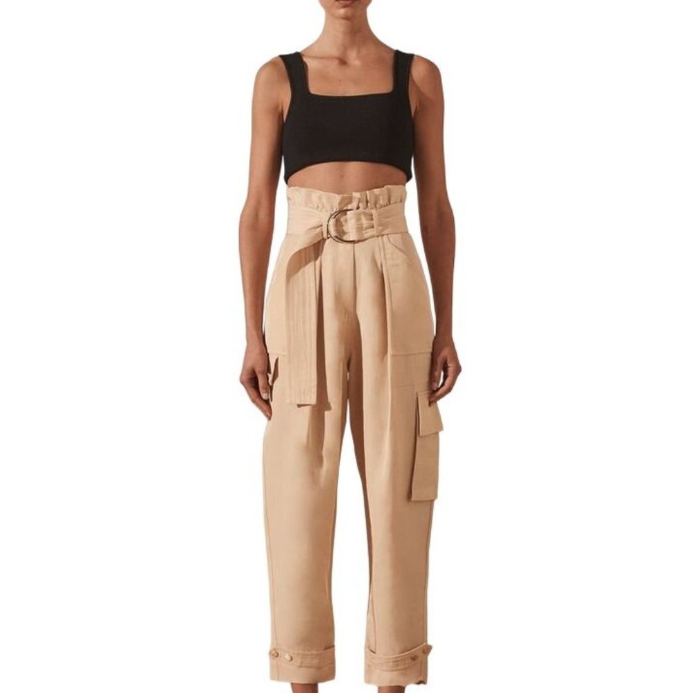 Free People Shona Joy Matilda Utility Paper Bag Pants in Peanut Butter Brown Siz